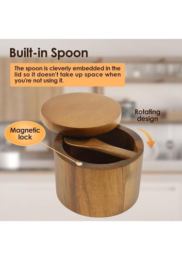 Jeemson Akasya Ahşap Baharat Depolama Kavanozu, Manyetik Döner Kapak Ve Kaşık İle Tuz-biber Saklama Kutusu Ahşap