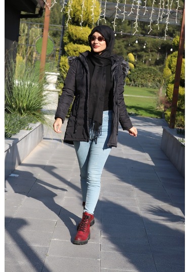 Toridas Kışlık Yaka Kürklü Uzun Kadın Şişme Tesettür Mont Bt122siyahtesettür 001