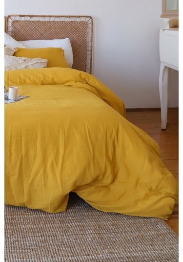 Çift Kişilik 2 Kat Müslin Nevresim Takımı, % 100 Pamuk Hardal
