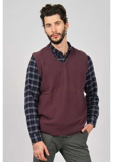 Arslanlı Erkek Lambswool V Yaka Süveter 0767991 Mürdüm-Mürdüm
