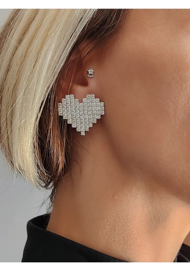 Kalp Model Kristal Taşlı Küpe Silver