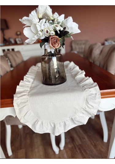Natürel Ham Keten Fırfırlı Oval Runner 40x90 Cm Bej