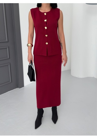 Kadın Düğme Detaylı Yelek Uzun Etek Alt Üst Triko Takım Bordo