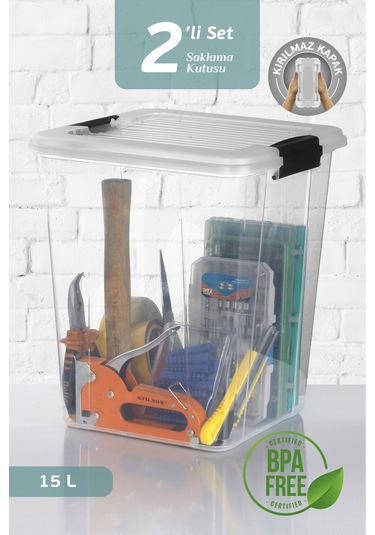 2'li Megabox 15l Saklama Kabı - Kilitli Kapaklı Çok Amaçlı Düzenleyici Kiler Depolama Saklama Kutusu Şeffaf