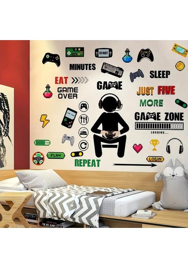 Youmex Oyun Odası Dekorasyonu Işıklı Duvar Stickerı - Oyun Kontrolcüsü, Konsol Ve Motivasyonel Sözler Desenli, 30x20 Cm, Kız Erkek Odası Duvar Dekoru Beyaz