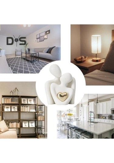 Novahub Çift Kucaklama Heykeli Beyaz Seramik Altın Kalp Erkek Kadın Aşk Heykeli Oturma Odası Yatak Odası Biblo M