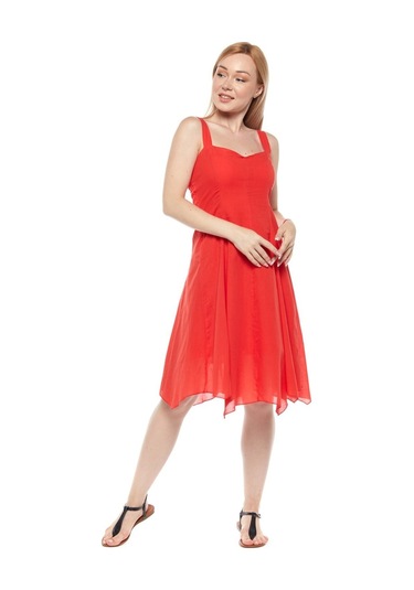 Kırmızı Askılı Vual Asimetrik Yazlık Elbise