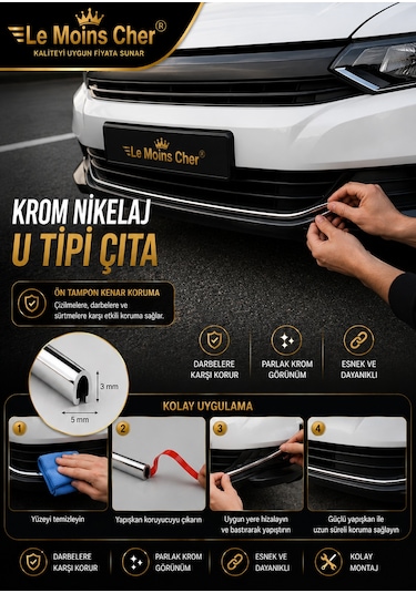 Volkswagen Passat B6 Highline Geçmeli U Tipi Çıta 5 Metre Krom Nikelaj Oto Kapı Koruma