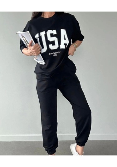 Usa T-shirt Eşofman Altı Jogger- Siyah Baskılı Alt Üst Eşofman Takım Oversize Bisiklet Yaka Siyah