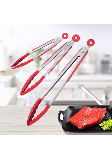 Xiyyadms Yüksek Isıya Dayanıklı Silikon Uçlu Paslanmaz Çelik Mutfak Maşası - 230 C'ye Kadar Kırmızı
