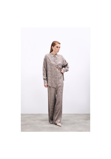 Sateen Jakarlı Salaş Pantolon - Vizon
