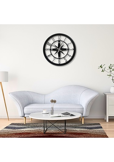 Pusula Temalı Şık Dekoratif Duvar Saati Siyah Metal 40 Cm Siyah