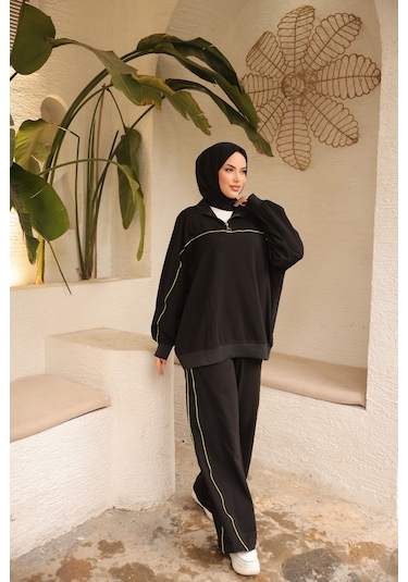 Tesettür Eşofman Takımı Ikili Takım Fermuarlı Yaka M-483 Siyah