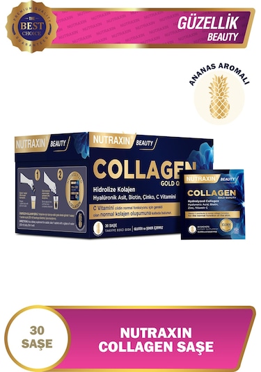 Nutraxin Collagen 30 Saşe 10.000 Mg Tip 1 Tip 3 Ananas Aromalı Hyalüronik Asit Çinko B5, B6, Biotin, Selenyum