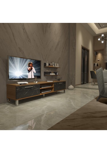Decoraktiv Eko 4 Mdf Dvd Krom Ayaklı Tv Ünitesi Tv Sehpası Ceviz - Siyah Mermer