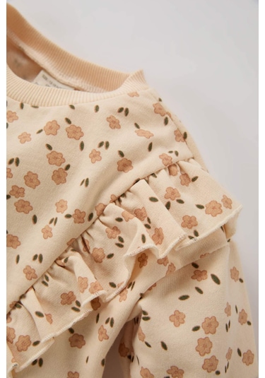 DeFacto Kız Bebek Bisiklet Yaka Çiçek Desenli İçi Yumuşak Tüylü Sweatshirt D7186A524WNBG744 Bej