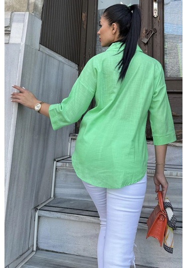 Kadın Yeşil Truvakar Kol, Oval Kesim, Terletmez, Flamlı Keten Salaş Gömlek Yeşil