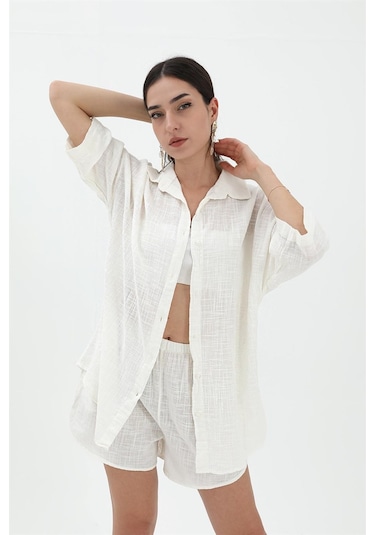 Pamuk Keten Şort Gömlek Kadın İkili Takım - Ekru-ekru Ekru