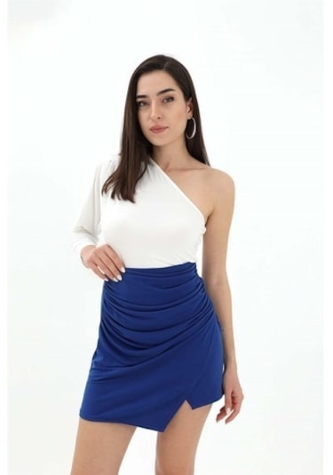 Yanları Büzgülü Beli Lastikli Etek - Mavi