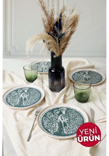 Keramika Tavus Kuşu Nordıc Pasta Tabağı 22 Cm 4 Adet 23137 Yeşil