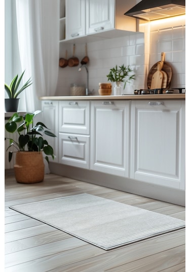 Lidya Beyaz Pamuk Dokuma Yumuşak Halı Kaymaz Tabanlı, Yıkanabilen Modern Tasarımlı Kilim Beyaz