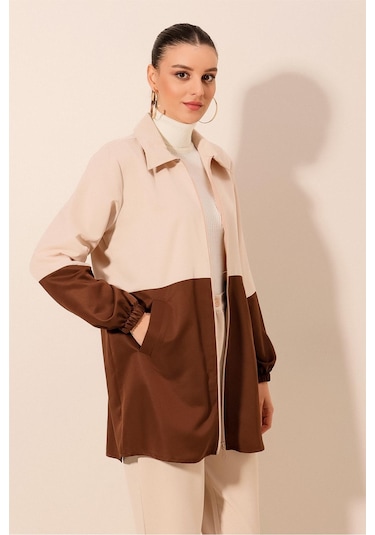 5909 Çift Renkli Mevsimlik Trençkot - Kahverengi Kahverengi
