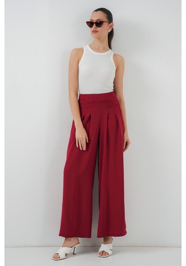 Geniş Paça Pileli Pantolon 6718 - Kırmızı Altın