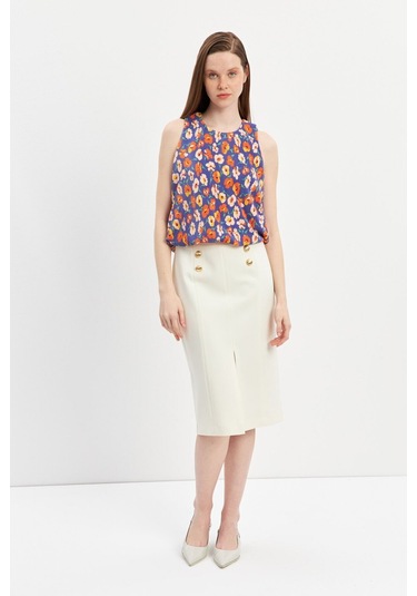 Stella Pulvis Krem Düğme Detaylı Kalem Etek Krem