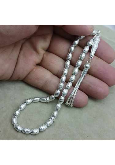 925 Ayar Gümüş Tesbih Arpa Kesim Çizgili Model Küçük Boy