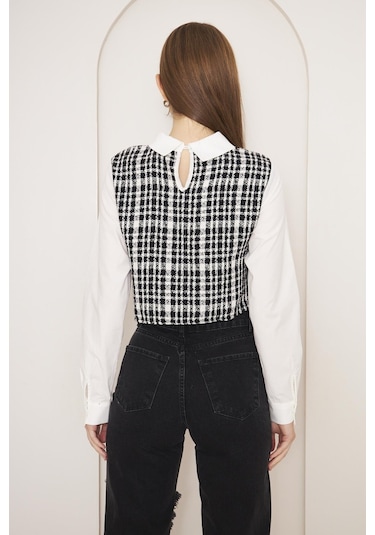 Darlin Moda Siyah Tweed Gömlek Yaka Crop Bluz Dm9002 Siyah