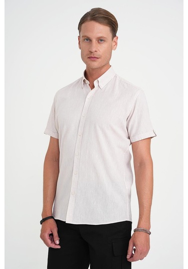 Comfort Fit Düğme Yaka Kısa Kol %100 Keten Düz Bej Gömlek G 1596 Bej