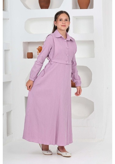 Kız Çocuk Uzun Boy Gofre Kumaş Jile & Elbise İki Parça Takım Astarlı Zarif Set-4948 Lila