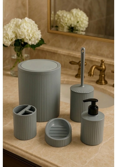 Makri Home 5 Parça Şık Gri Banyo Seti, Hacim: 6 Litre Gri