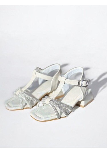Kız Çocuk Deri Ortopedik Taşlı Topuklu Ayakkabı-15742 Ekru