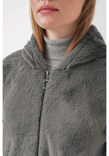 Gabria Kapüşonlu Pelüş Mont Koyu Gri