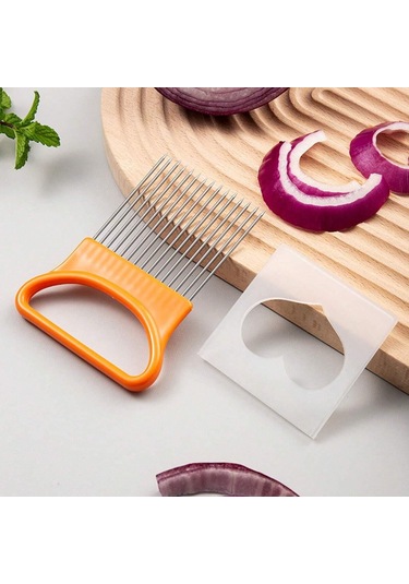 Paslanmaz Çelik Soğan Tutucu Kaymaz Saplı Soğan Patates Domates Limon Dilimleme Dilimleyici Kesici Mutfak Sebze Doğrayıcı Alet Turuncu