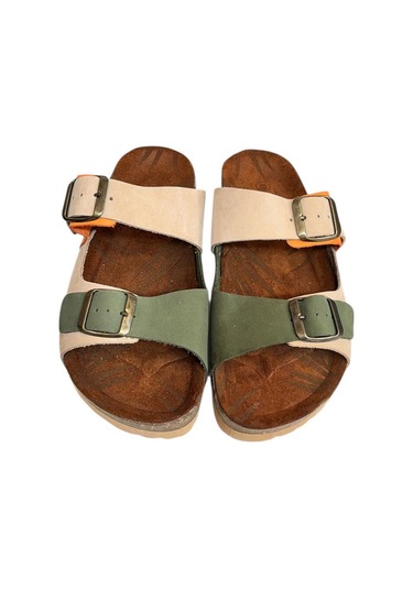 Bej Multi Hakiki Deri Nubuk Çift Bant Tokalı Mantar Taban Terlik Çok Renkli