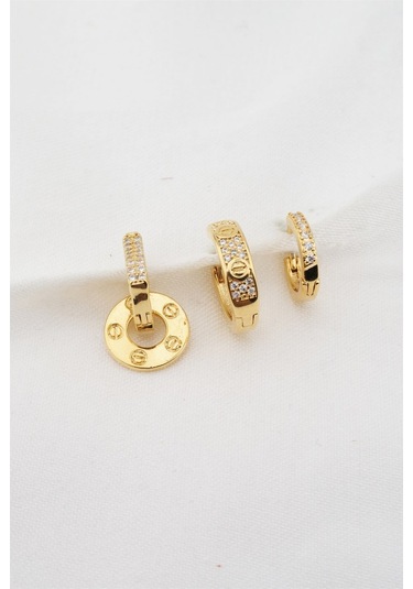 Kadın Altın Kaplama Zirkon Taşlı 3'lü Küpe Seti - Altın
