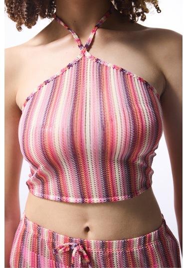Penti Çizgili Moi Halter Yaka Crop Üst