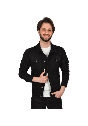 Deepsea Erkek Siyah Likralı Düğmeli Kot Mont 2201005 Siyah