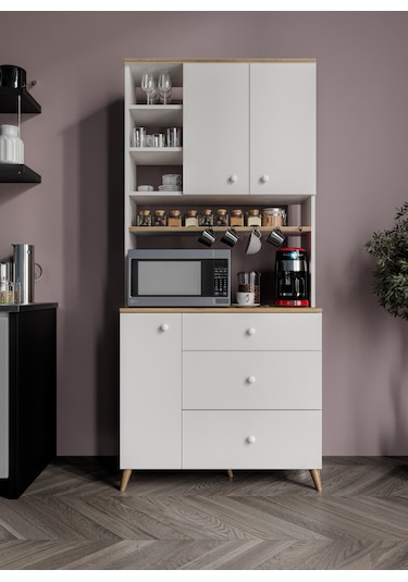Stella Kahve Köşesi Dolabı Beyaz-meşe 90cm, Erzak Dolabı, Kiler Dolabı