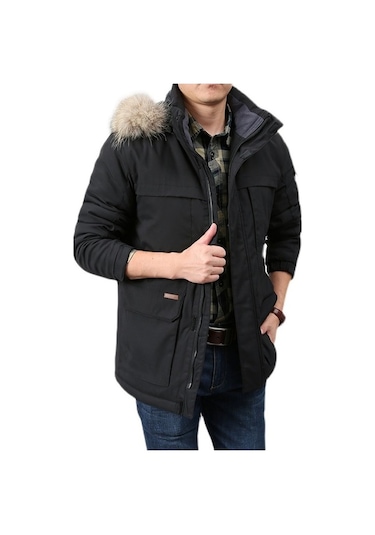 Xinxin Kapüşonlu Kalınlaştırılmış Orta Boy Kaban,siyah Siyah