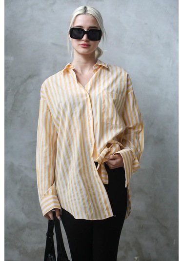 Madmext Sarı Çizgili Oversize Kadın Gömlek Mg1688-sarı Sarı
