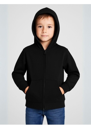 Çocuk Fermuarlı İnce Mevsimlik Basic Kapüşonlu Okul Hırkası-16092 Siyah