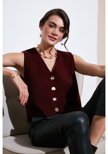 Lela Standart Fit V Yaka Düğmeli Triko Bayan Yelek 4616177 Bordo