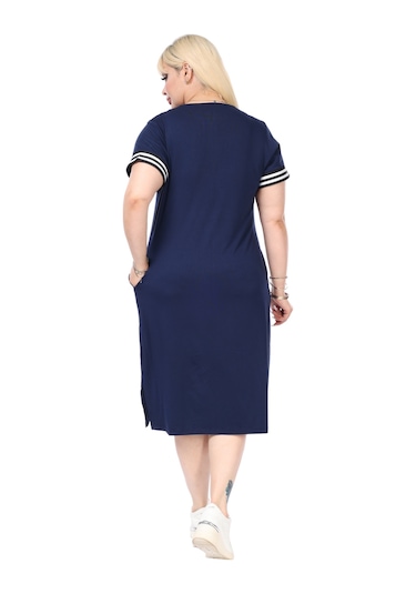 Melsay Butik Lacivert Yakası Şeritli V Yaka Midi Elbise Lacivert