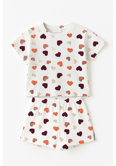 Kız Çocuk Renkli Kalpler %100 Pamuklu Pijama Takımı 3-4 Yaş 8-9 Yaş Beyaz