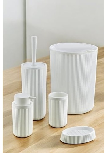 5 Parça Lüx Plastik Banyo Seti 7 Litre Dokunmatik Çöp Kovalı, Antibakteriyel Fırça Beyaz Siyah