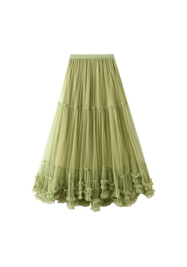 Pembe Qooth Kadınlar Tatlı Tül Kek Örgü Etek Zarif Elastik Bel Peri Uzun A-line Tutu Etek Büyük Salıncak Ile Tüm Sezon Qt2227 Pembe