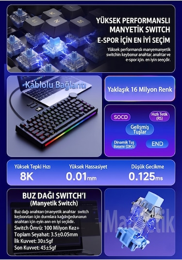 Ak820 V2 Pro 8k+8k Ekranlı Mekanik Oyun Klavyesi-10.000 Mah Batarya